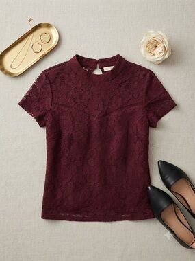 RACHEL Rachel Roy Burgundy Lace Short Sleeve Blouse